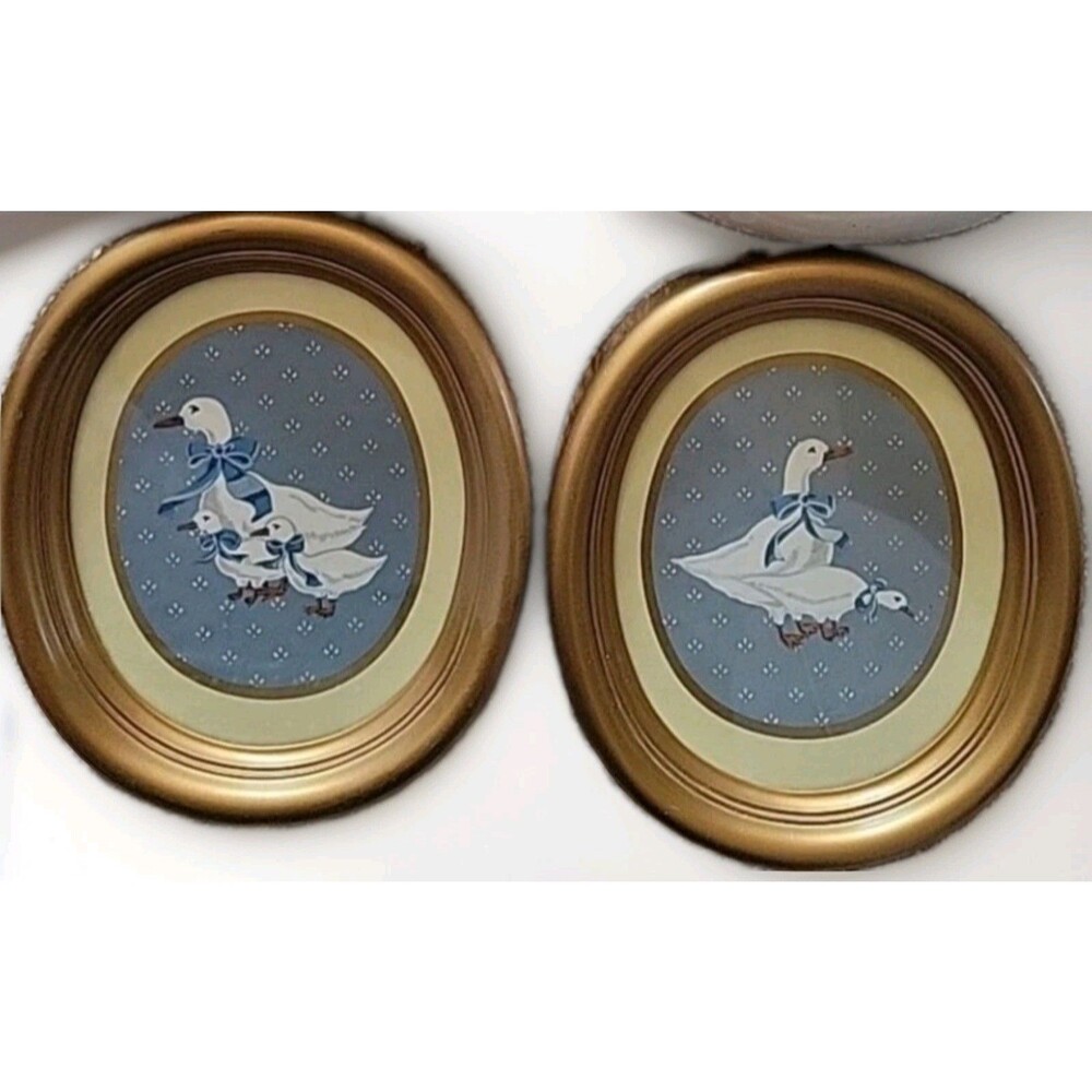 Vintage Homco Country Duck Wall Art Set 2 Gold Oval Frames Blue White Goose